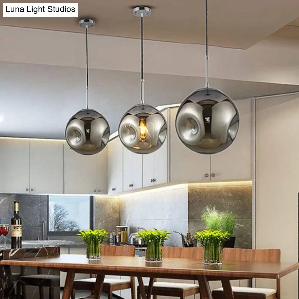 Modern 1 Bulb Pendant Light With Concave Glass Shade - Silver/Red Hanging Fixture For Restaurants