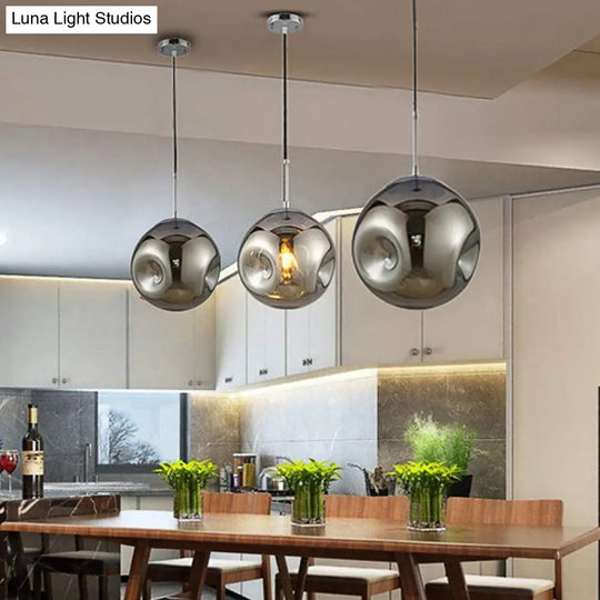 Modern 1 Bulb Pendant Light With Concave Glass Shade - Silver/Red Hanging Fixture For Restaurants
