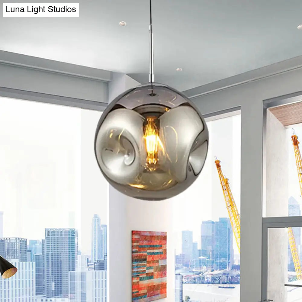Modern 1 Bulb Pendant Light With Concave Glass Shade - Silver/Red Hanging Fixture For Restaurants