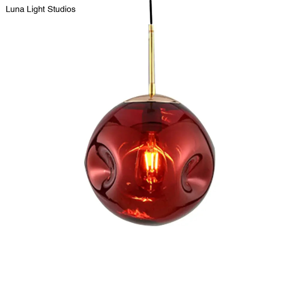 Modern 1 Bulb Pendant Light With Concave Glass Shade - Silver/Red Hanging Fixture For Restaurants