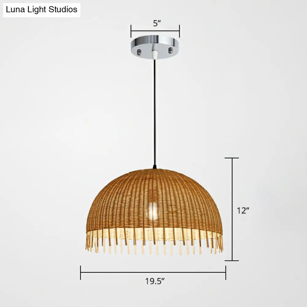 Modern 1-Head Dome Pendant Light With Bamboo Shade Minimalistic Wood Unfinished Look