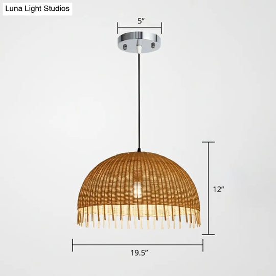 Modern 1-Head Dome Pendant Light With Bamboo Shade Minimalistic Wood Unfinished Look