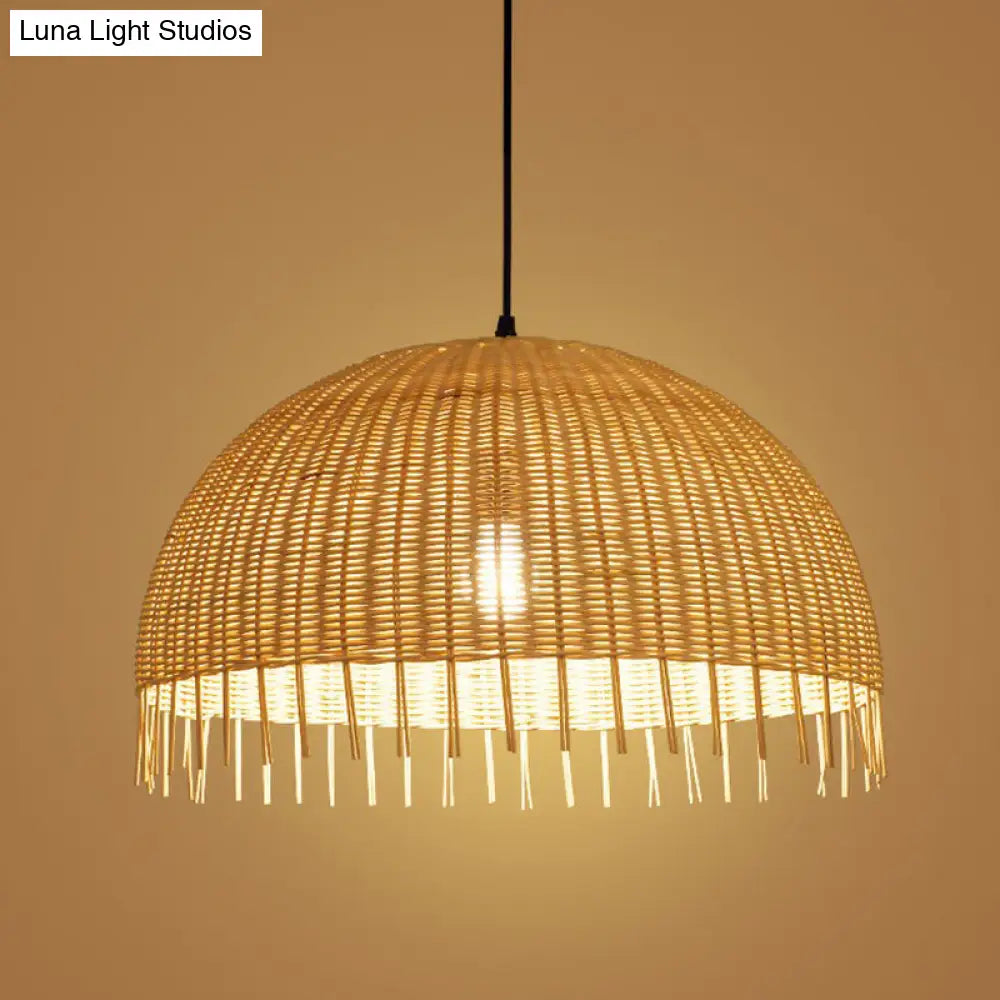 Modern 1-Head Dome Pendant Light With Bamboo Shade Minimalistic Wood Unfinished Look