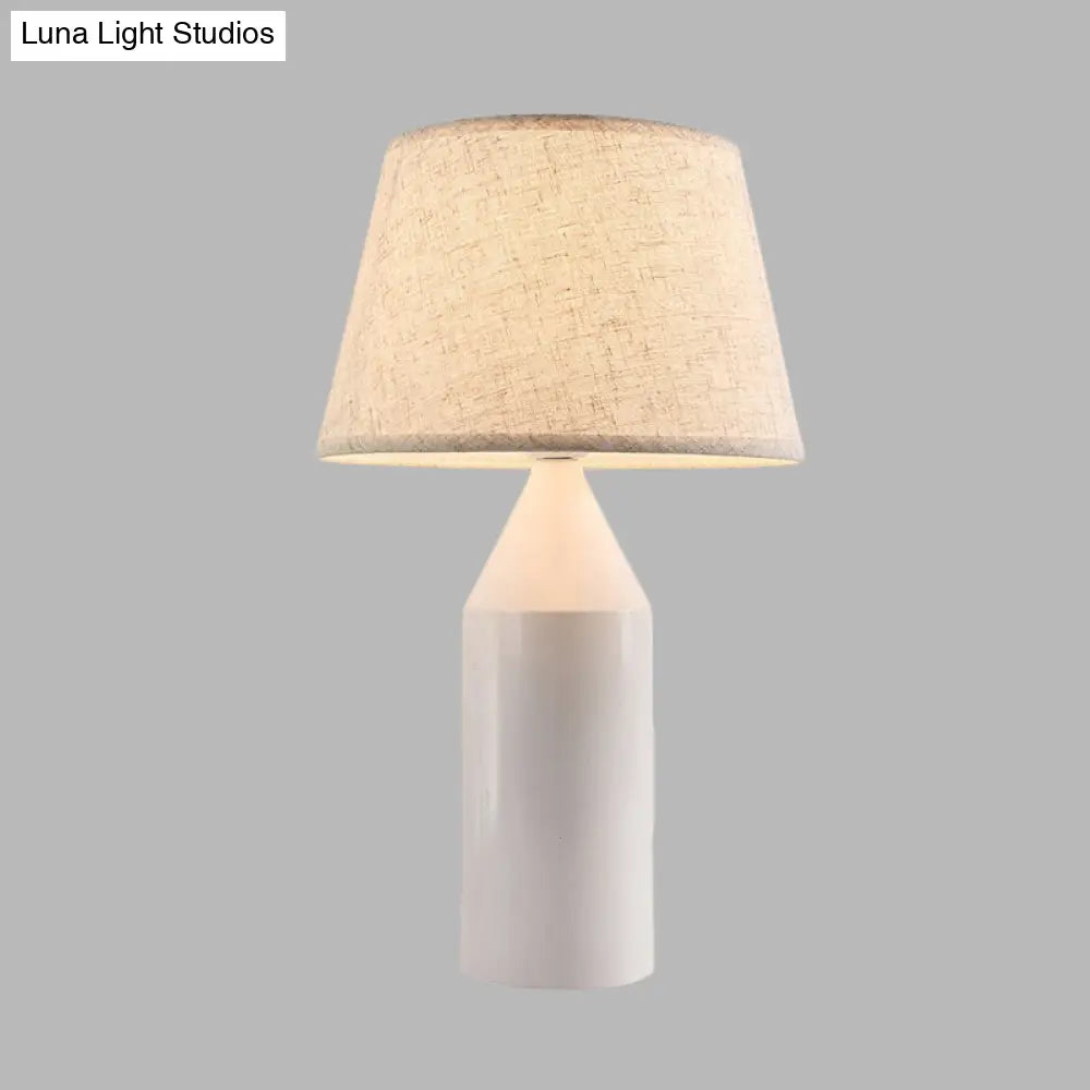 Modern 1-Head White Fabric Reading Lamp For Bedroom - Pencil Metallic Night Table Light