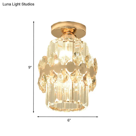 Modern 1-Light Cylinder Crystal Flush Ceiling Light In Gold With Circlet/Leaf Guard