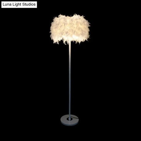 Modern 1-Light Feather Drum Shade Floor Lamp In Multi Colors For Living Room