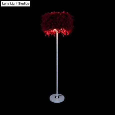 Modern 1-Light Feather Drum Shade Floor Lamp In Multi Colors For Living Room