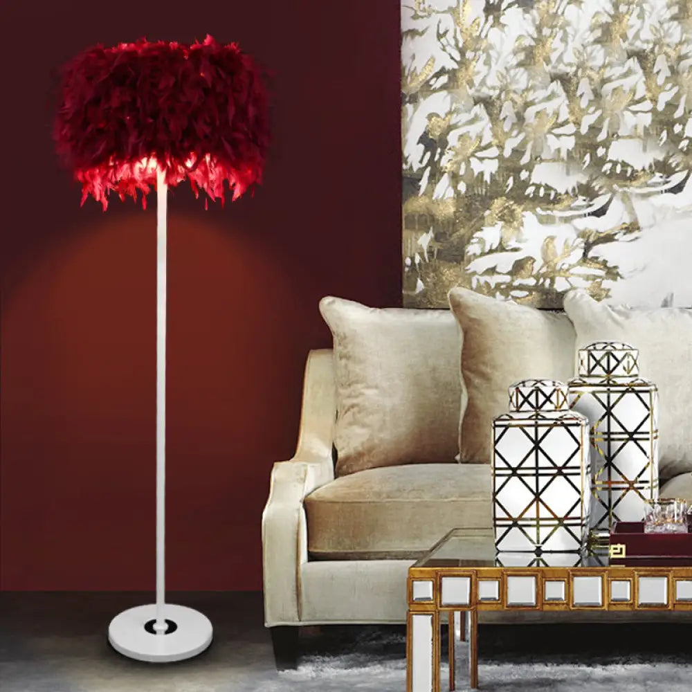 Modern 1-Light Feather Drum Shade Floor Lamp In Multi Colors For Living Room Red