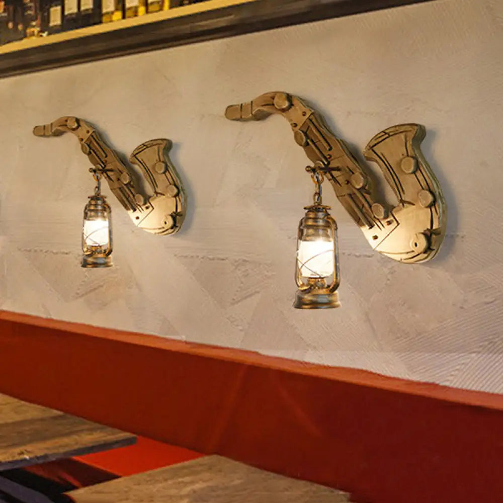 Modern 1-Light Kerosene Wall Sconce Brass Finish Clear Glass Lamp With Wood Backplate