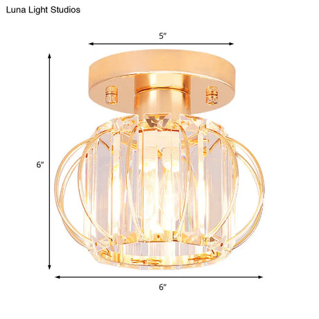 Modern 1-Light Semi Flush Mount Ceiling Light With Rectangular-Cut Crystal And Gold Lantern Frame