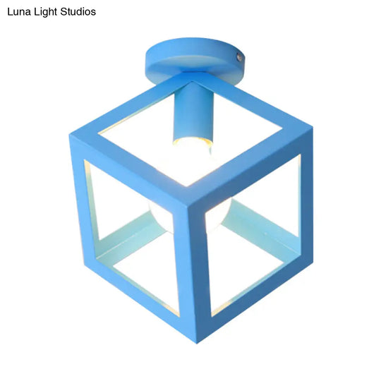 Modern 1-Light Square Ceiling Mounted Light With Wire Guard - Loft Style Semi-Flush Lighting For