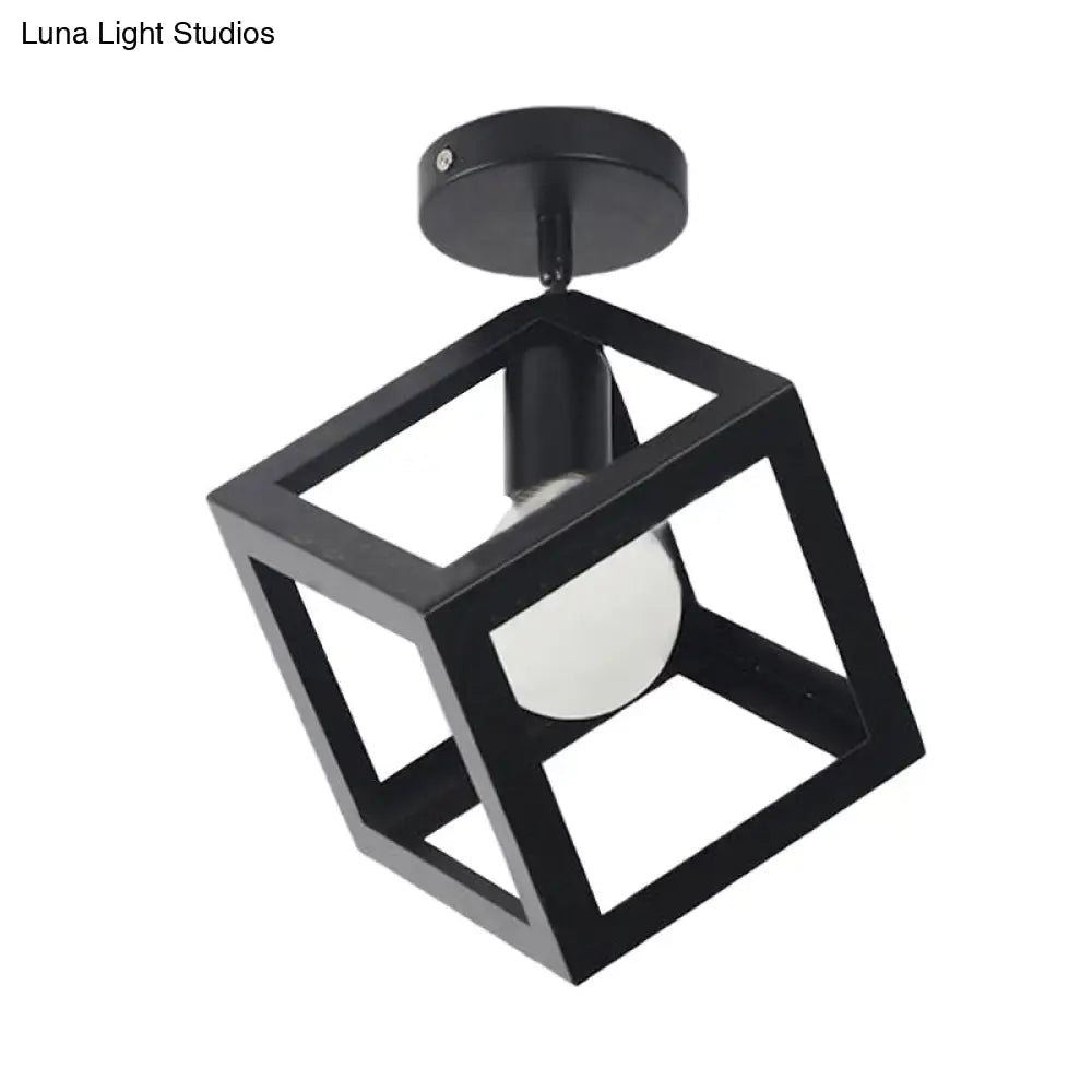 Modern 1-Light Square Ceiling Mounted Light With Wire Guard - Loft Style Semi-Flush Lighting For
