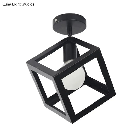 Modern 1-Light Square Ceiling Mounted Light With Wire Guard - Loft Style Semi-Flush Lighting For