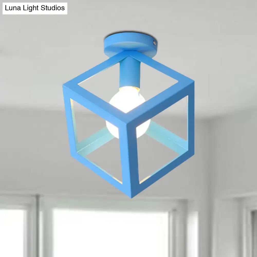Modern 1-Light Square Ceiling Mounted Light With Wire Guard - Loft Style Semi-Flush Lighting For