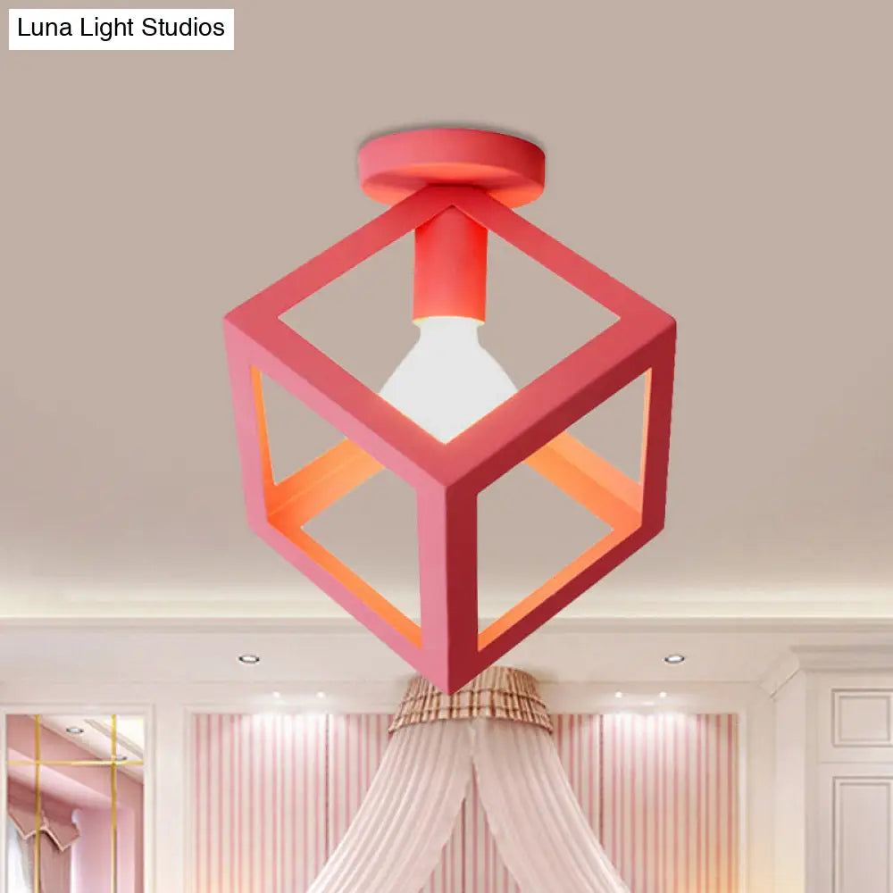 Modern 1-Light Square Ceiling Mounted Light With Wire Guard - Loft Style Semi-Flush Lighting For