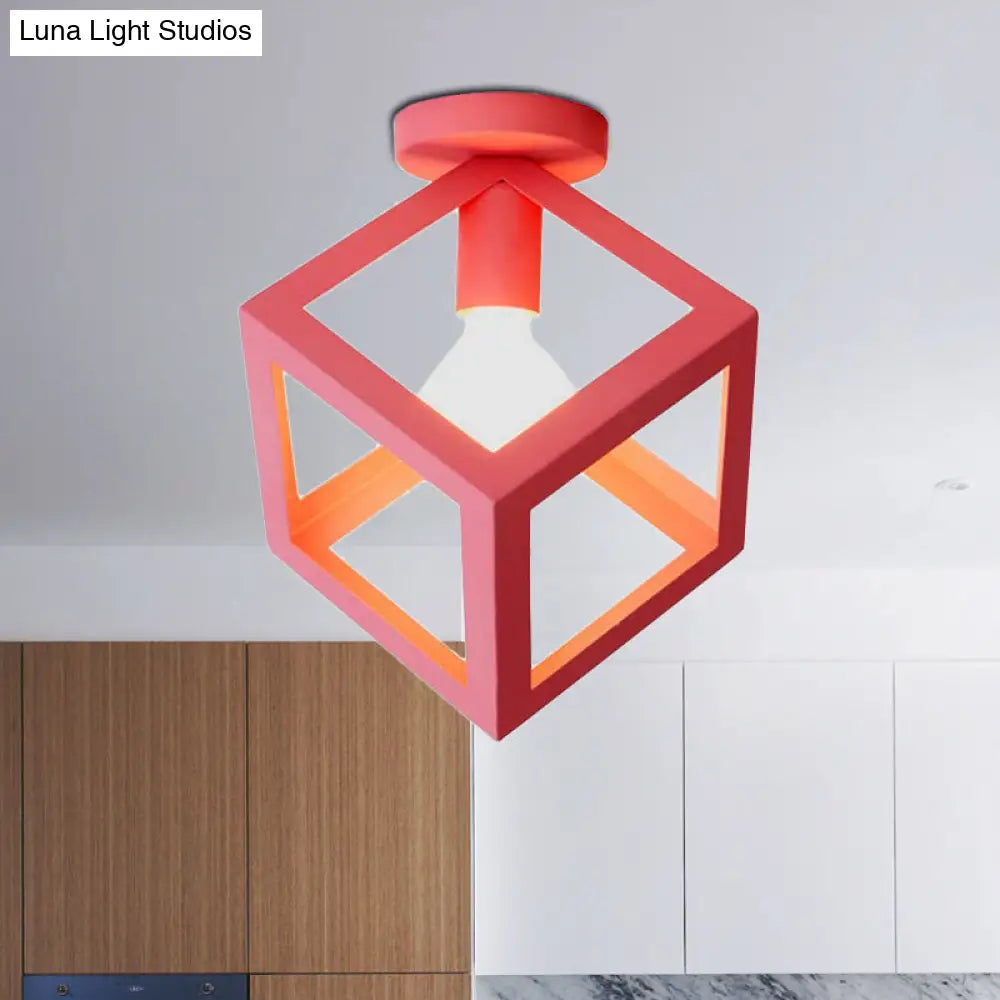 Modern 1-Light Square Ceiling Mounted Light With Wire Guard - Loft Style Semi-Flush Lighting For