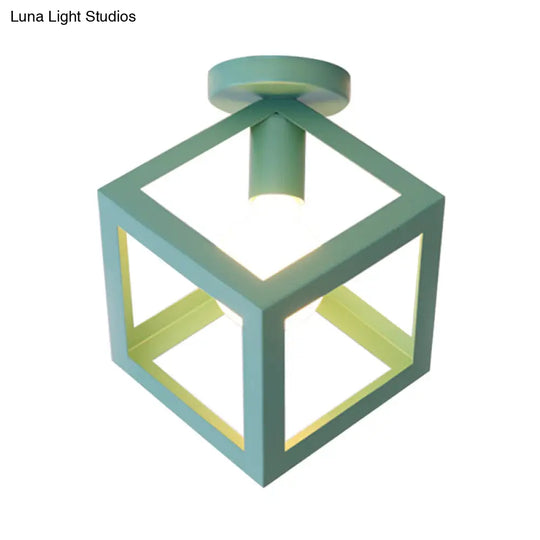 Modern 1-Light Square Ceiling Mounted Light With Wire Guard - Loft Style Semi-Flush Lighting For
