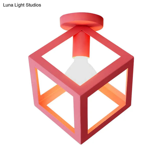 Modern 1-Light Square Ceiling Mounted Light With Wire Guard - Loft Style Semi-Flush Lighting For