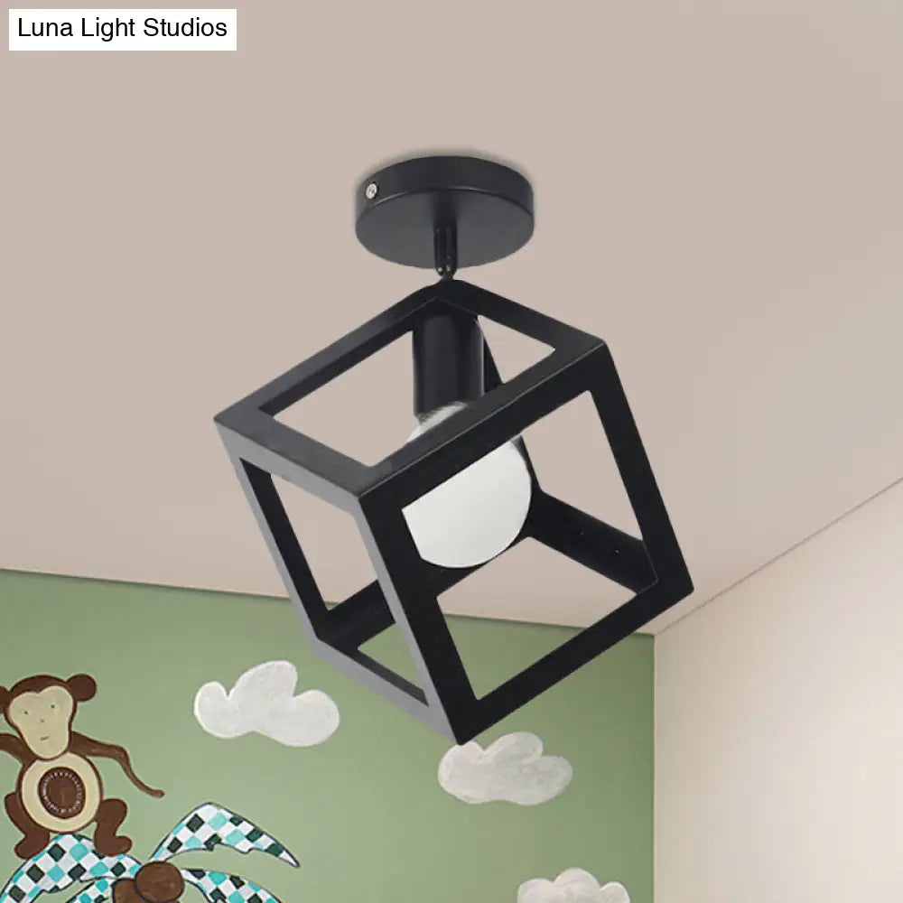 Modern 1-Light Square Ceiling Mounted Light With Wire Guard - Loft Style Semi-Flush Lighting For