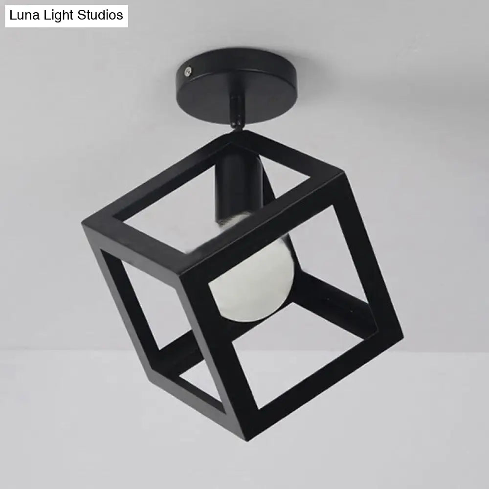 Modern 1-Light Square Ceiling Mounted Light With Wire Guard - Loft Style Semi-Flush Lighting For