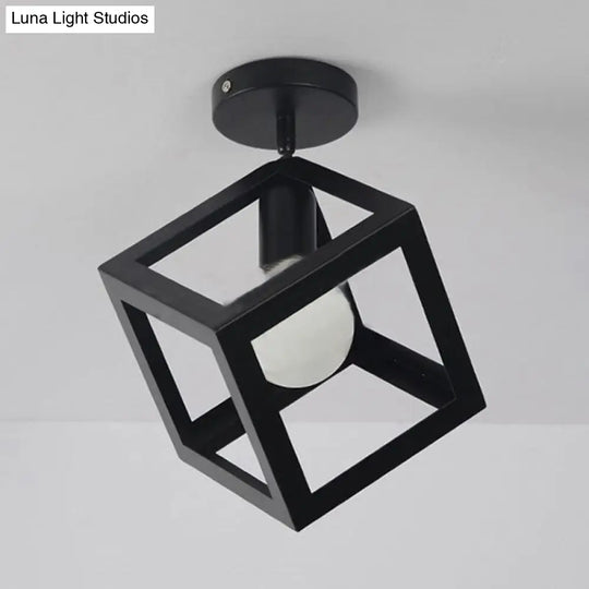Modern 1-Light Square Ceiling Mounted Light With Wire Guard - Loft Style Semi-Flush Lighting For