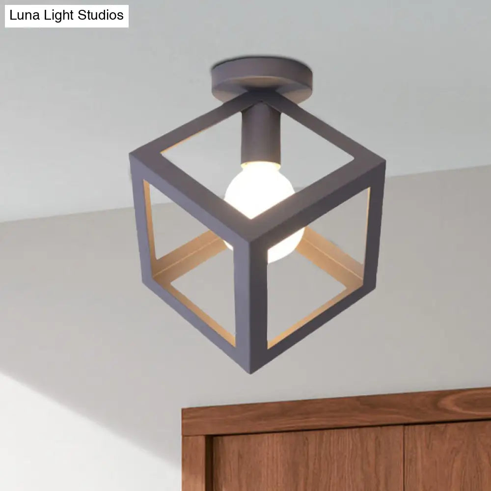 Modern 1-Light Square Ceiling Mounted Light With Wire Guard - Loft Style Semi-Flush Lighting For