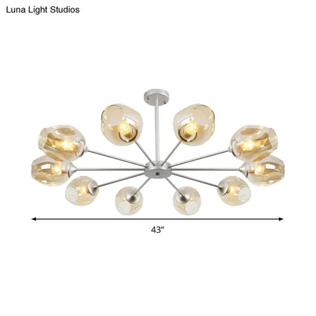 Modern 10-Bulb Chandelier Pendant Light With Amber Glass Shade - Silver Cup Design