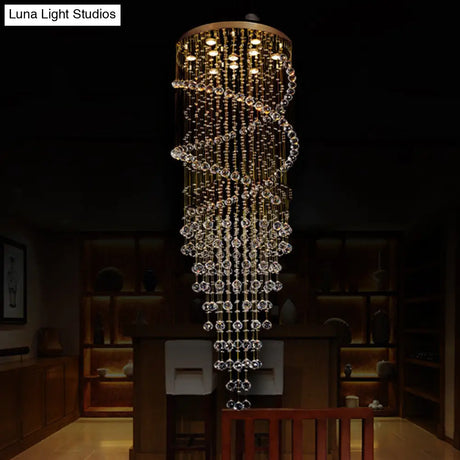 Modern 10-Head Spiral Hanging Lamp With Brass Finish Clear Crystals And Led Lights