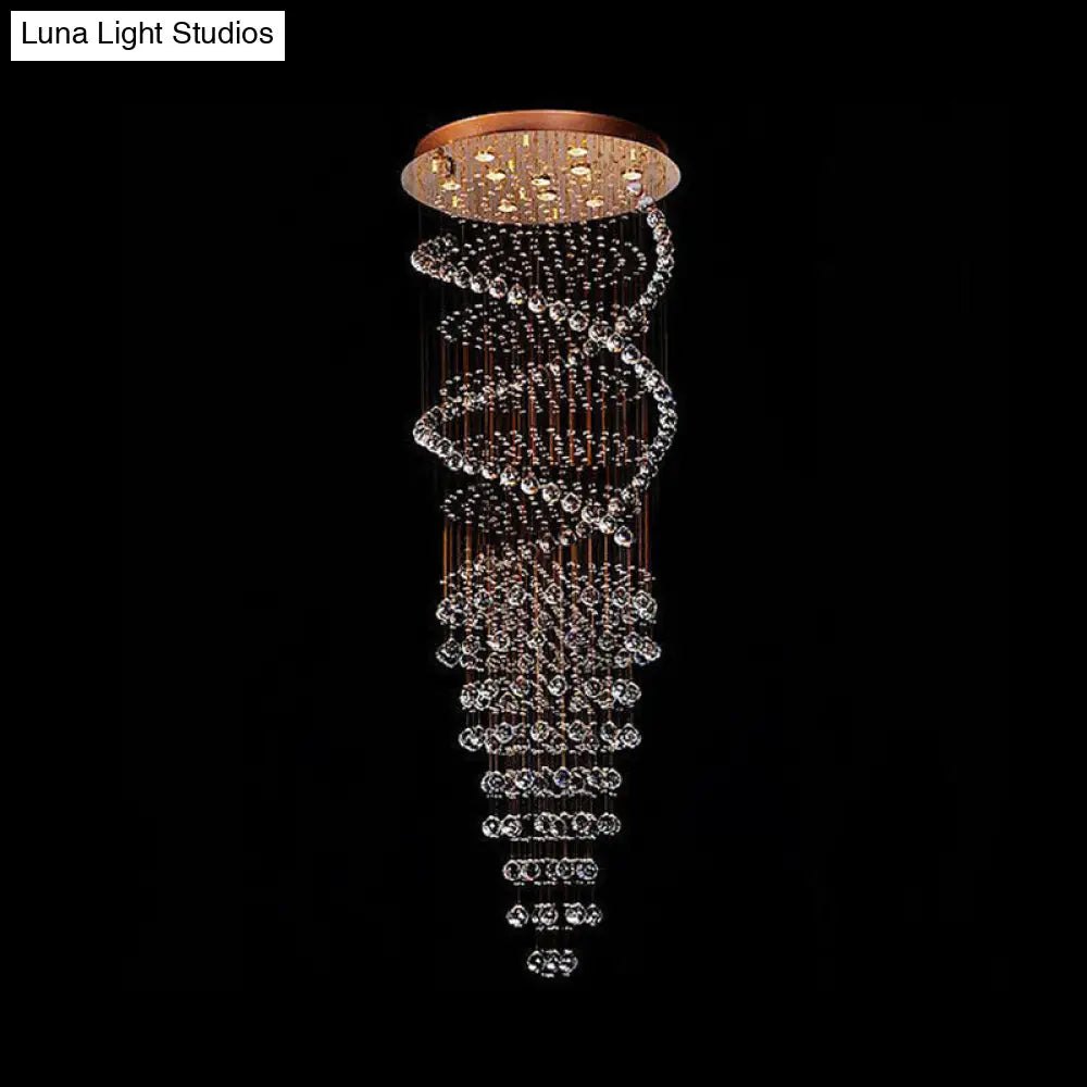 Modern Brass Clear Crystal Led Pendant Lamp With 10-Head Spiral Cascades