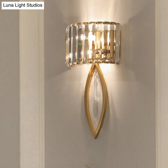 Modern 2-Bulb Gold Flush Mount Sconce With Prismatic Crystal For Aisle Lighting