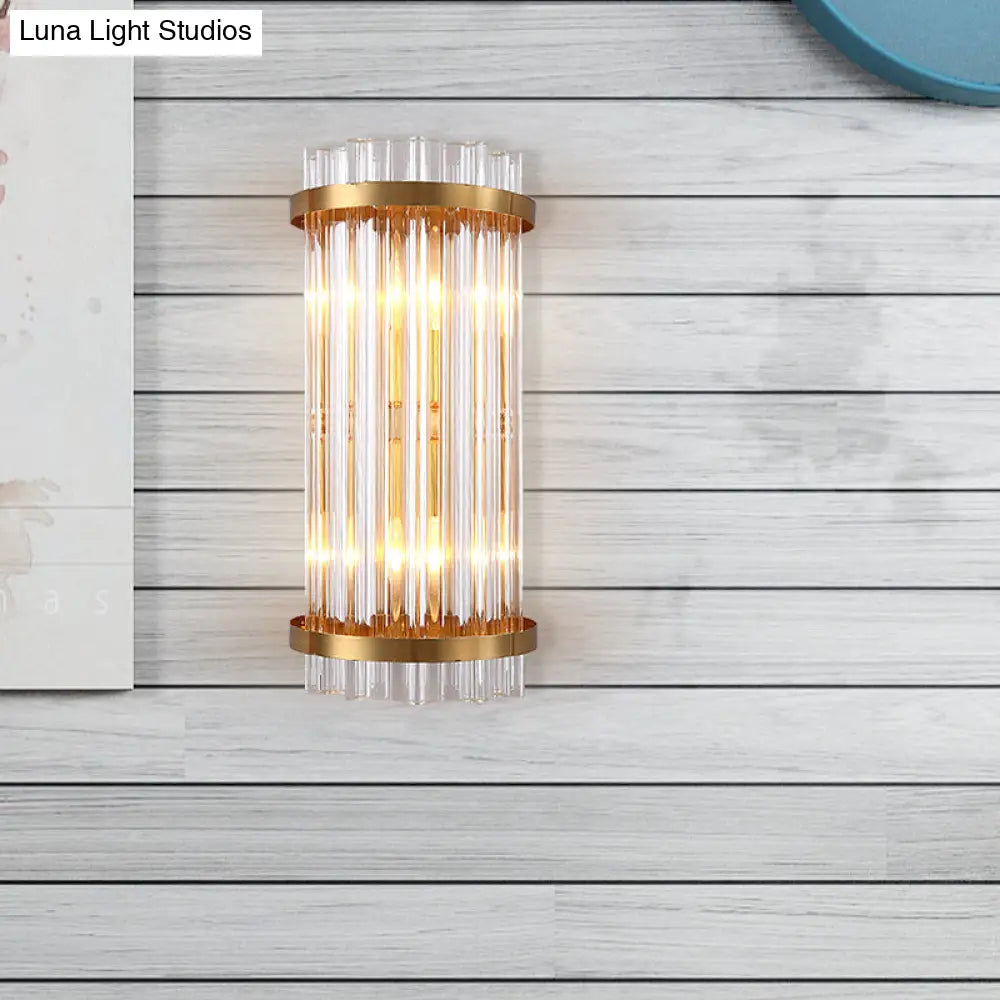 Modern 2-Head Tri-Sided Crystal Rod Cylinder Wall Mount Sconce Light Fixture In Black/Gold