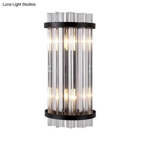 Modern 2-Head Tri-Sided Crystal Rod Cylinder Wall Mount Sconce Light Fixture In Black/Gold