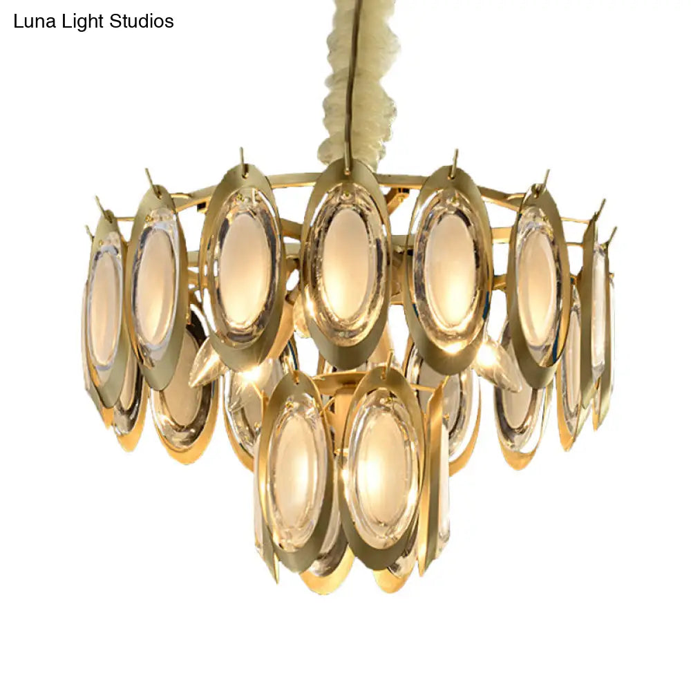 Modern 2-Tier Metallic Oblong Chandelier - Brass Finish 7 Hanging Bulbs Ceiling Lamp