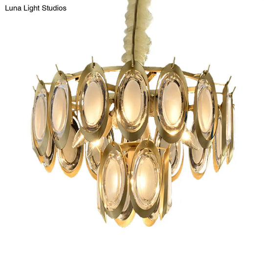 Modern 2-Tier Metallic Oblong Chandelier - Brass Finish 7 Hanging Bulbs Ceiling Lamp