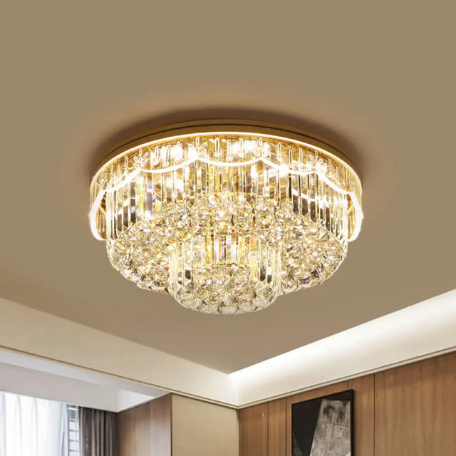 Modern 2-Tiered Cut Crystal Flush Mount Light With 8 Bulbs – Ideal For Bedroom Clear