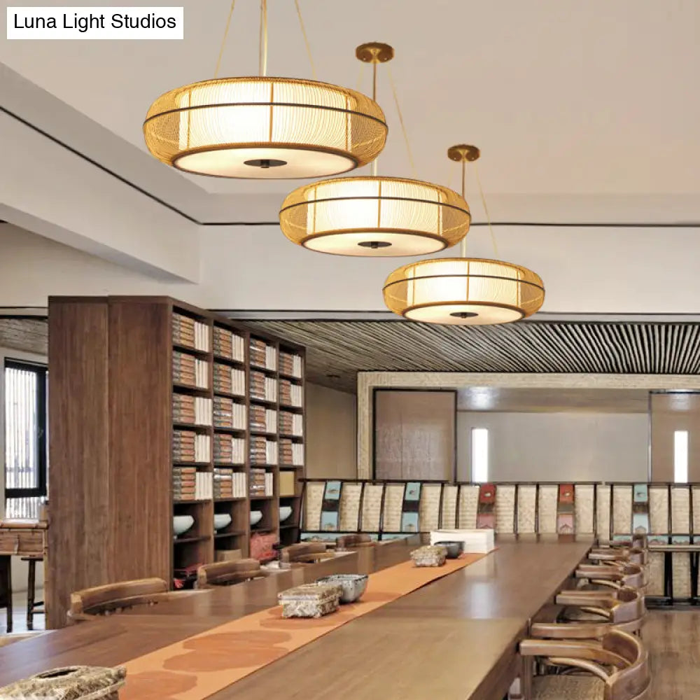 Modern 3-Head Bamboo Pendant Light With Stylish Drum Shade For Dining Room Ceiling (Black/Wood)
