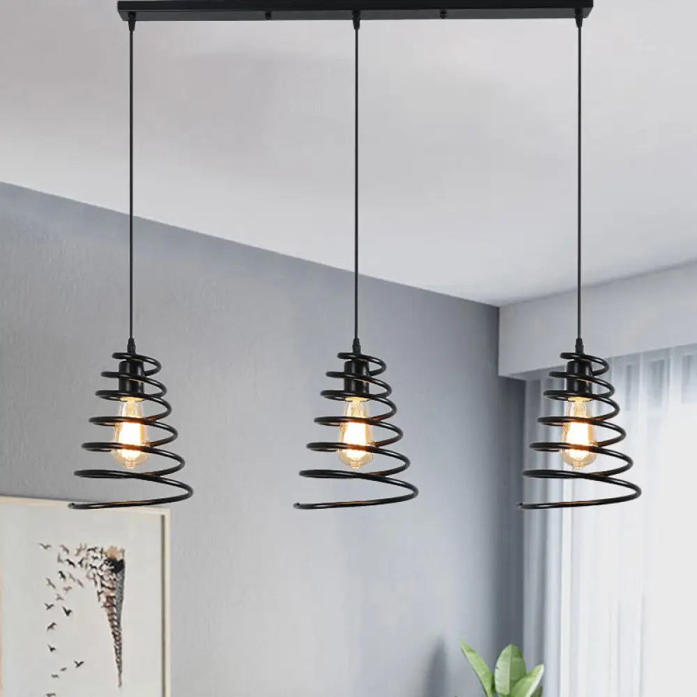 Modern 3-Head Pendant Light In Black - Multi Fixture For Loft Conical Spring Iron Design With