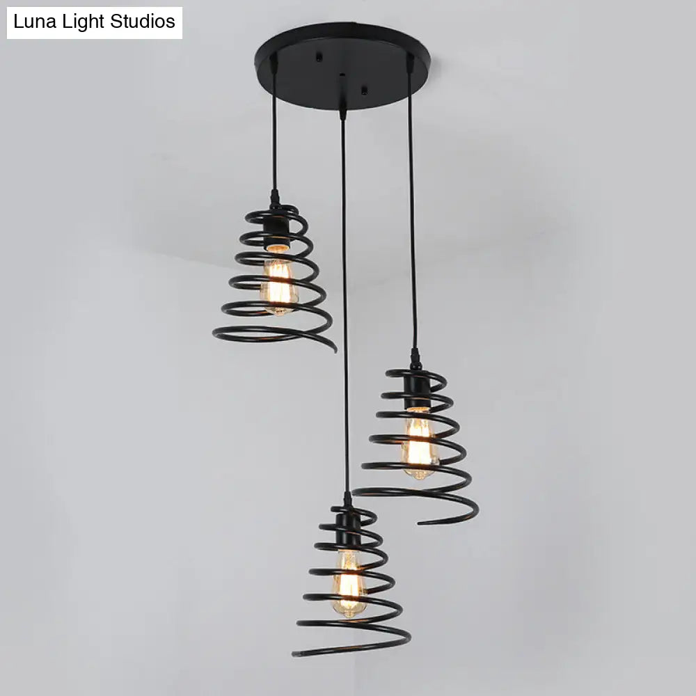 Black Conical Spring Iron Pendant Light With 3 Multi-Directional Heads For Loft Ceiling -