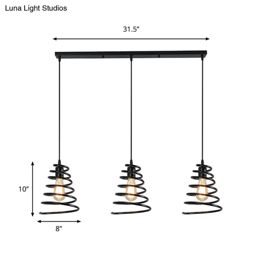 Black Conical Spring Iron Pendant Light With 3 Multi-Directional Heads For Loft Ceiling -