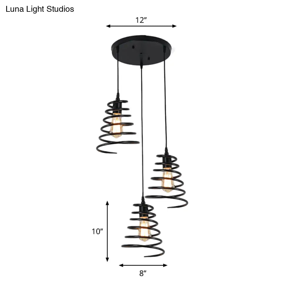 Modern 3-Head Pendant Light In Black - Multi Fixture For Loft Conical Spring Iron Design With