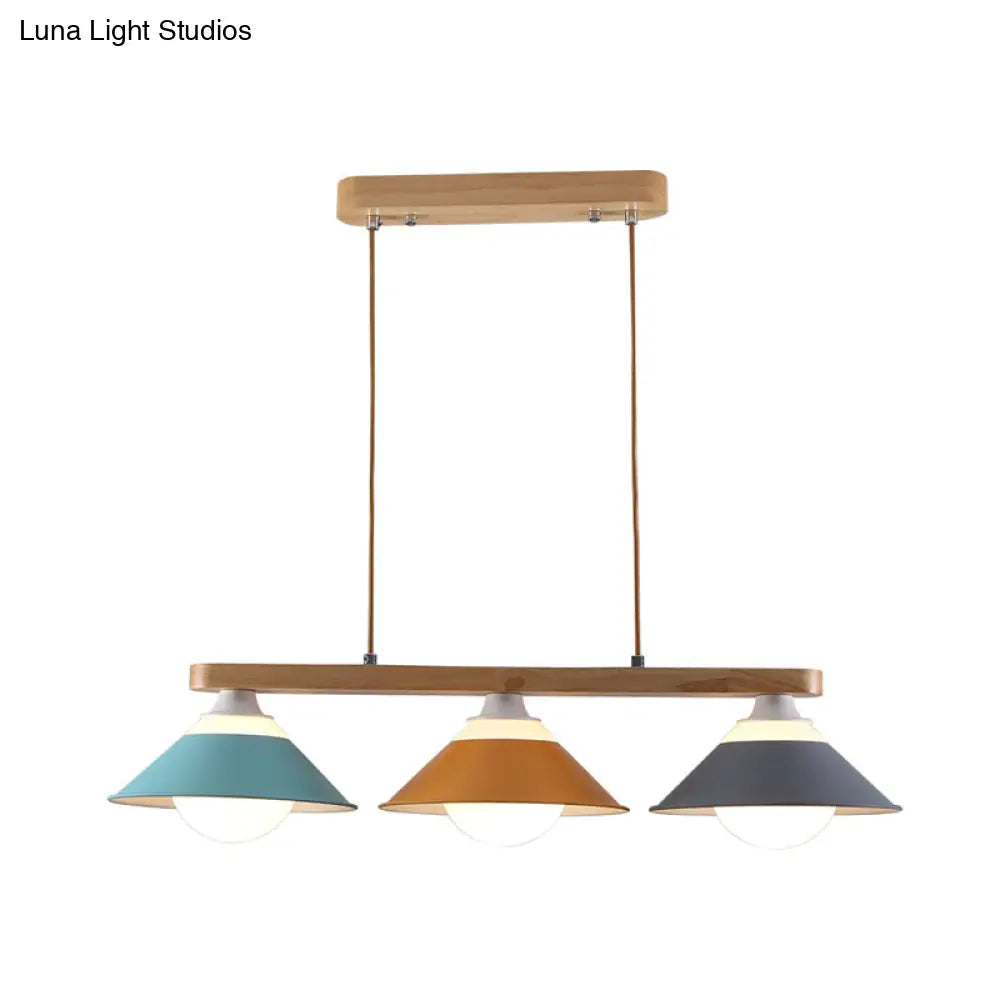 Modern 3-Light Island Pendant With Wood Accent In Blue Grey And Yellow Tones