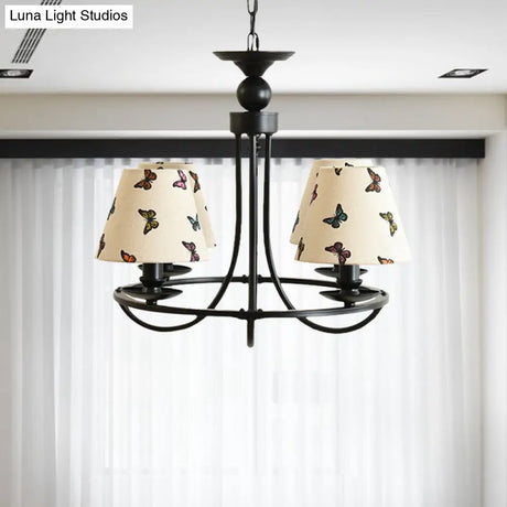 Modern 4-Light Black Fabric Tapered Shade Chandelier For Kids Bedroom Ceiling Pendant