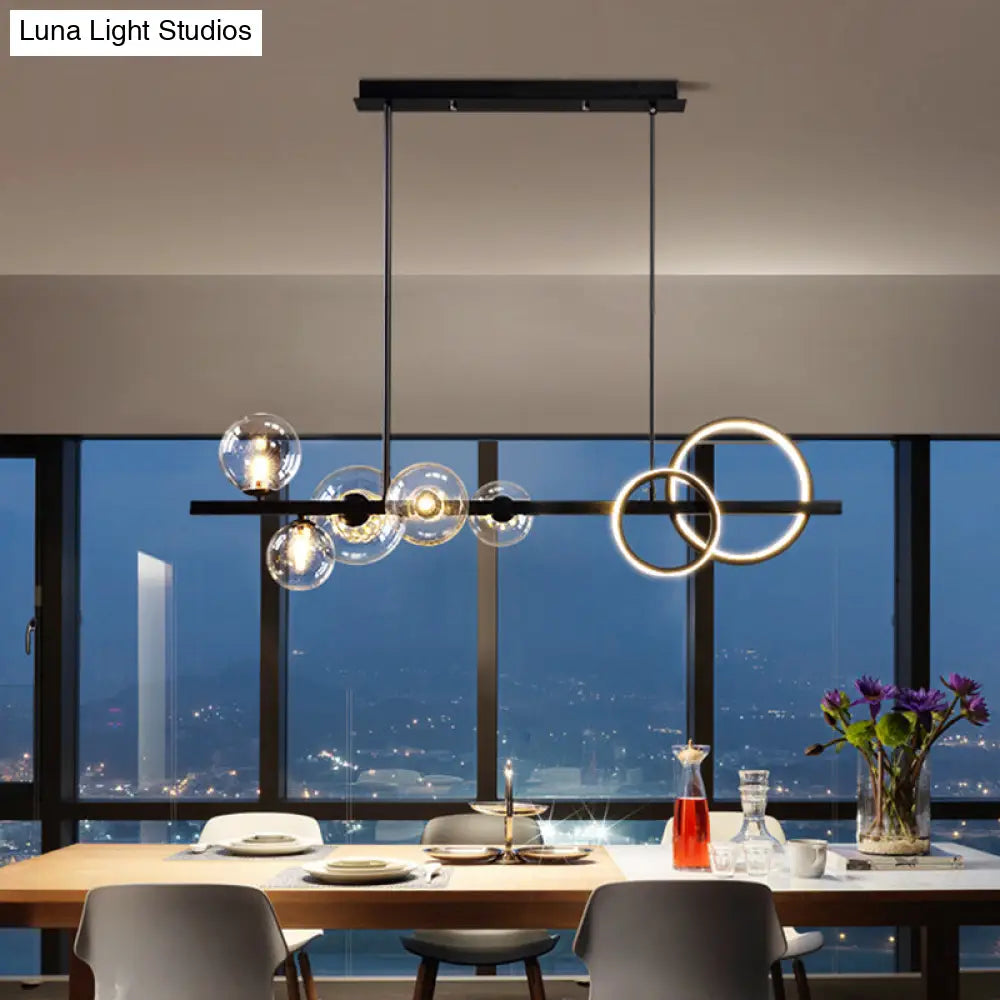 Modern 5-Light Black Metal Pendant Lighting With Spherical Glass For Dining Table