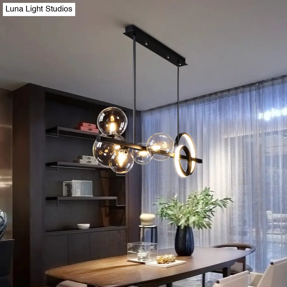 Modern 5-Light Black Metal Pendant Lighting With Spherical Glass For Dining Table
