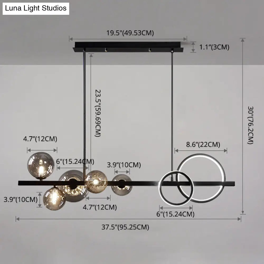 Modern 5-Light Black Metal Pendant Lighting With Spherical Glass For Dining Table