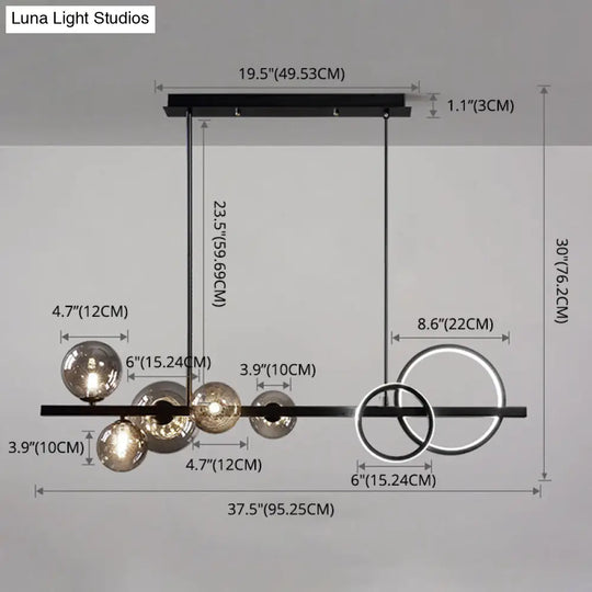 Modern 5-Light Black Metal Pendant Lighting With Spherical Glass For Dining Table