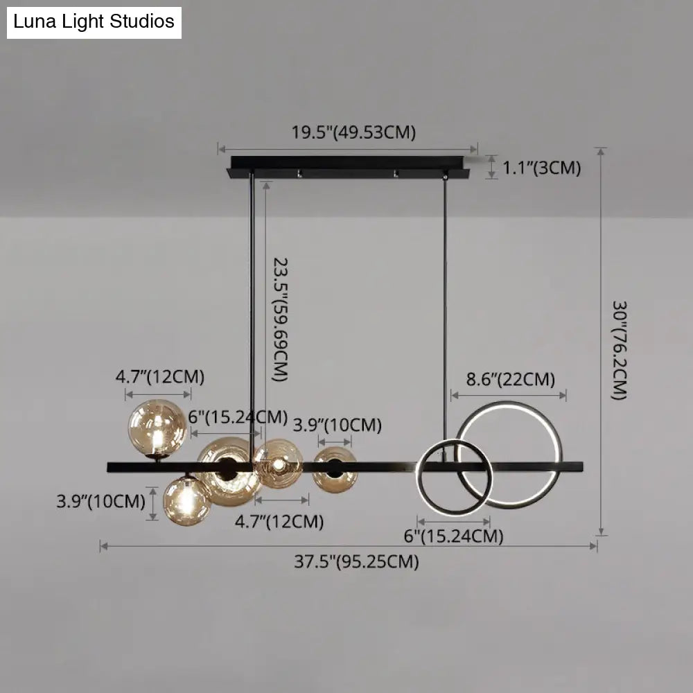 Modern 5-Light Black Metal Pendant Lighting With Spherical Glass For Dining Table
