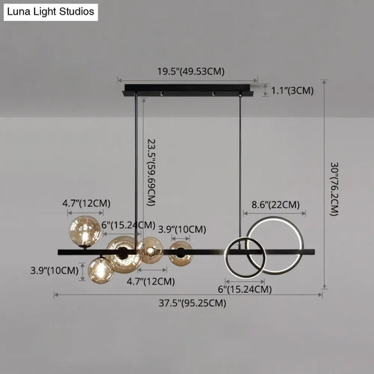 Modern 5-Light Black Metal Pendant Lighting With Spherical Glass For Dining Table