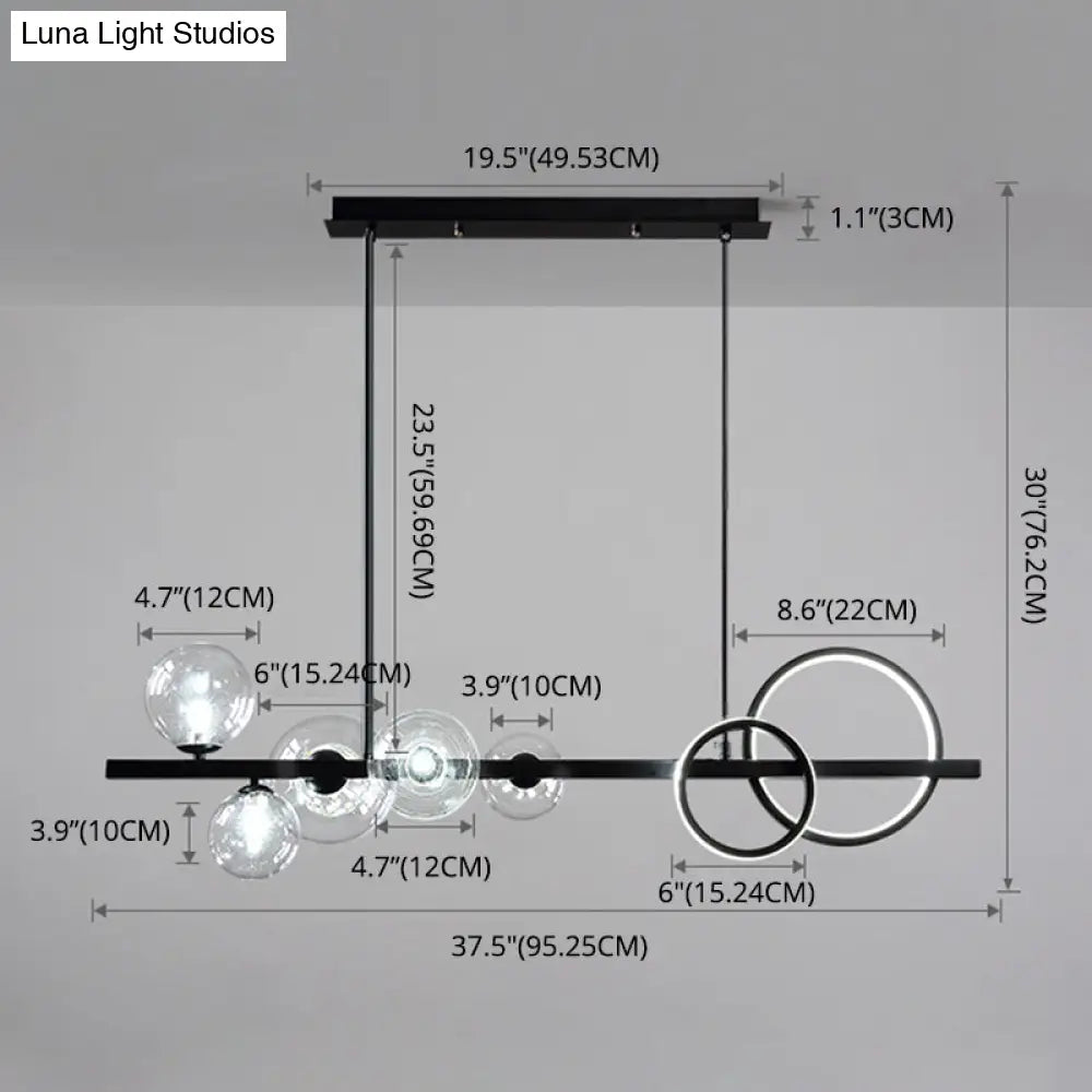 Modern 5-Light Black Metal Pendant Lighting With Spherical Glass For Dining Table