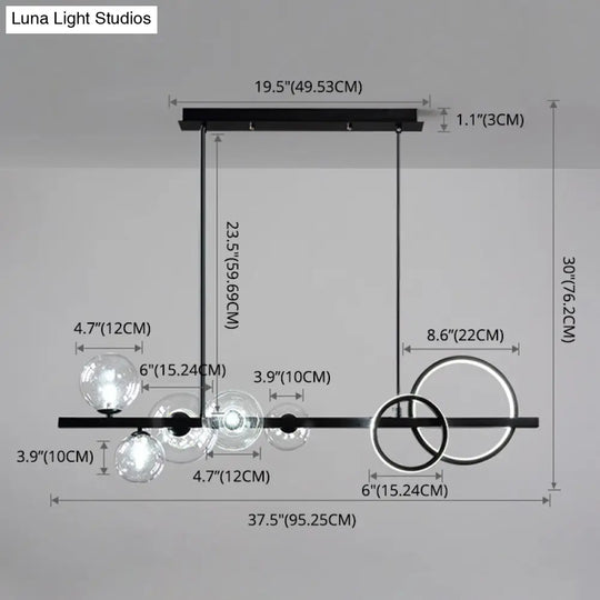 Modern 5-Light Black Metal Pendant Lighting With Spherical Glass For Dining Table